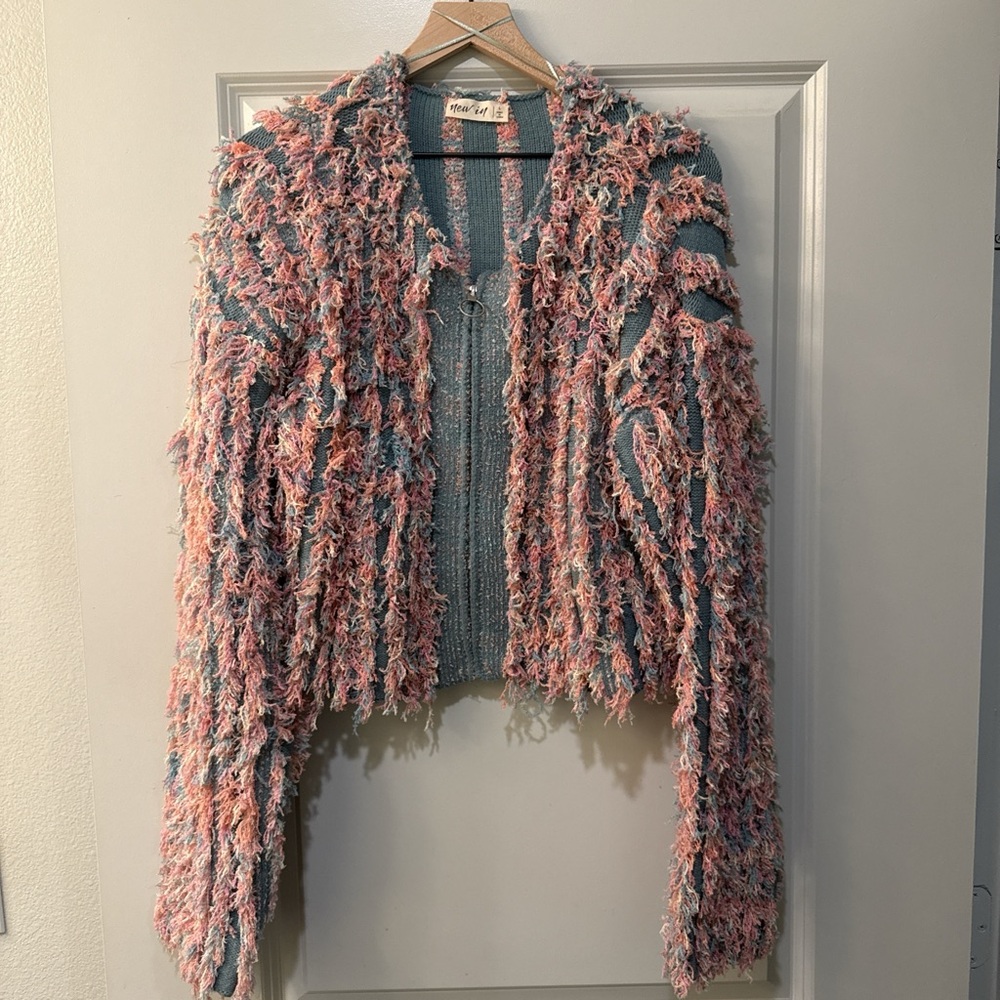 Free People Pink & Blue Fringe Cardigan Jacket